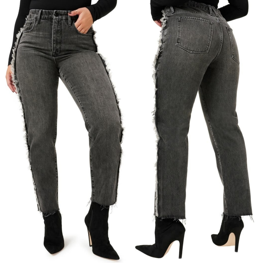 Good American Frayed Outseam Good Boy Straight Jeans